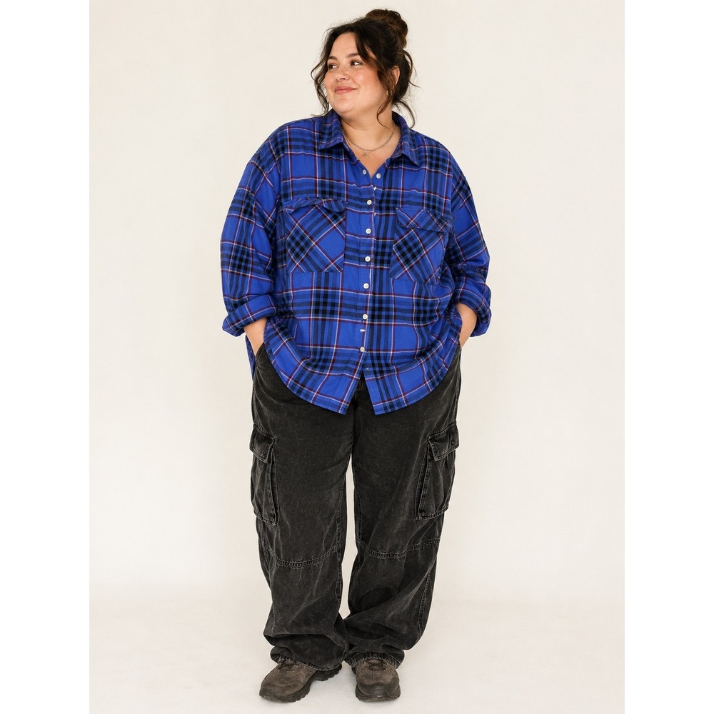 Old Navy Flannel Shirt Womens XXL Blue Plaid Boyfriend Gorpcore Grunge
